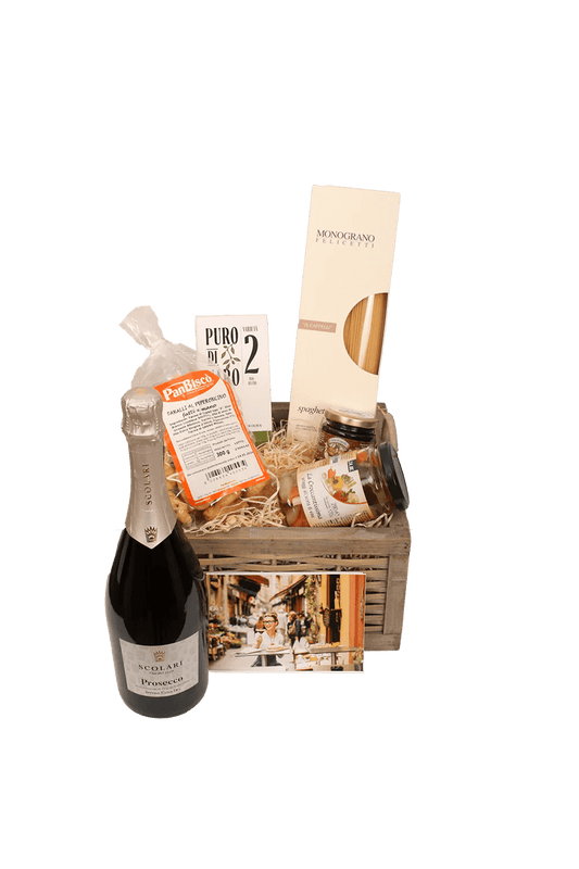 Italiving Geschenkkorb Geschenkkorb "Die spritzige Pasta" - Prosecco, Nudeln, Öl, Salsa