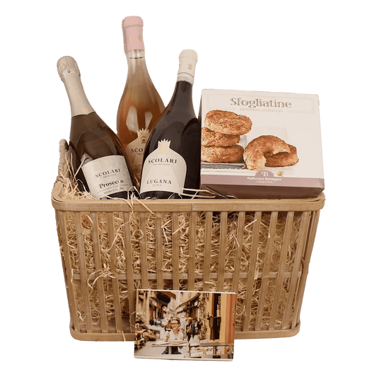 Italiving Geschenkkorb Geschenkkorb "Ostern in Weiß und Rosa", leichte Weine und Blätterteiggebäck
