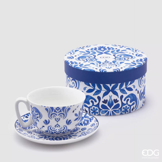 Italiving Geschirr Kaffeetasse mit Untertasse Serie Capri - Porzellan weiß, blau bemalt