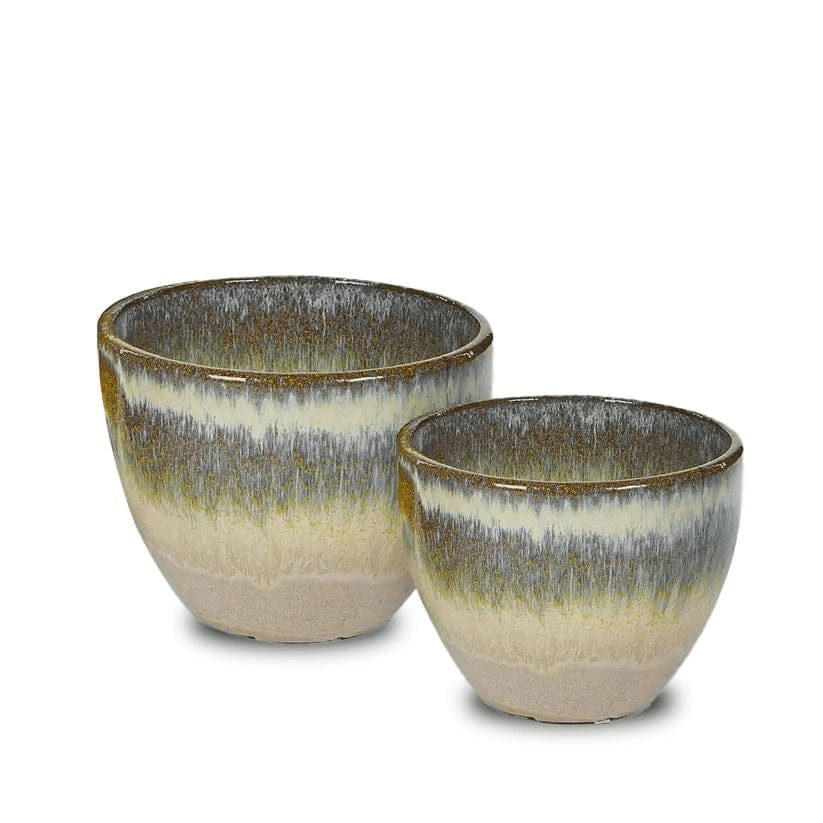 2er-Set frostsichere Bodenvasen Keramik H 28 + 23 cm Ocker über Sand