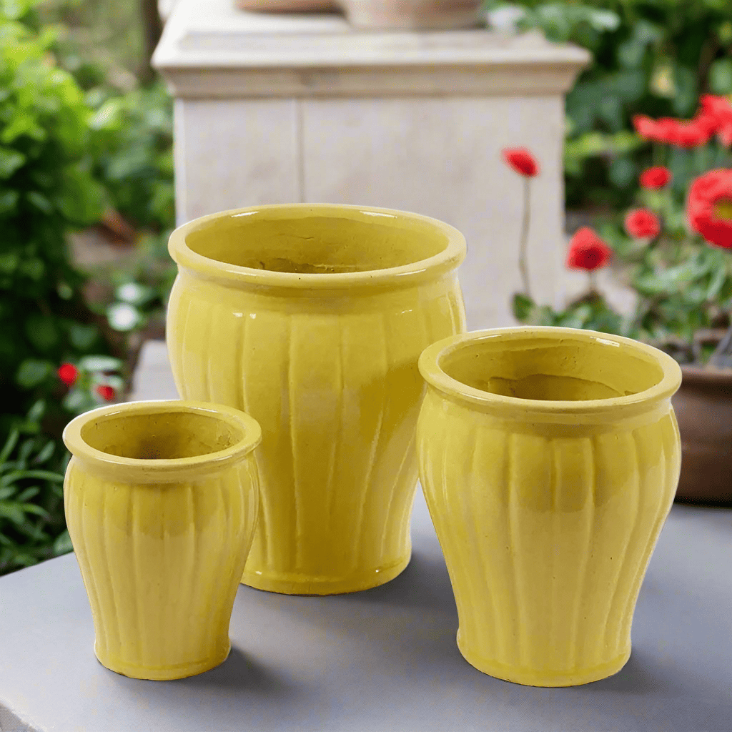 Italiving Keramikvase 3er-Set Mediterrane Bodenvasen in Gelb - antikes Design frostsicher