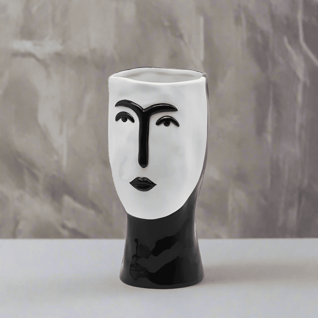 Vase - bemalte Keramik Höhe 24 cm Ø 13 cm Blumenvase mit Frauengesicht