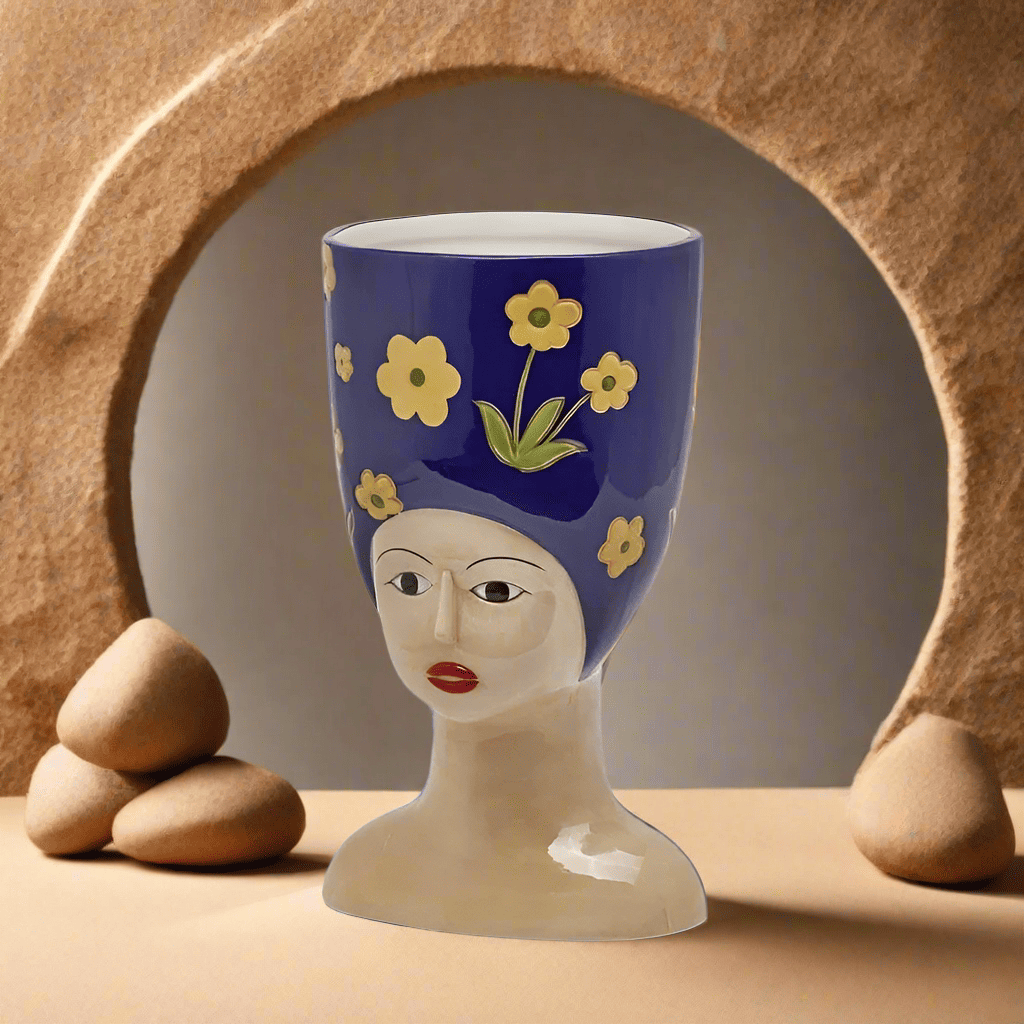 Italiving Keramikvase Dekovase Frauenkopf aus Sizilien - glasierte Keramik H 34 cm Ø 20/17 cm