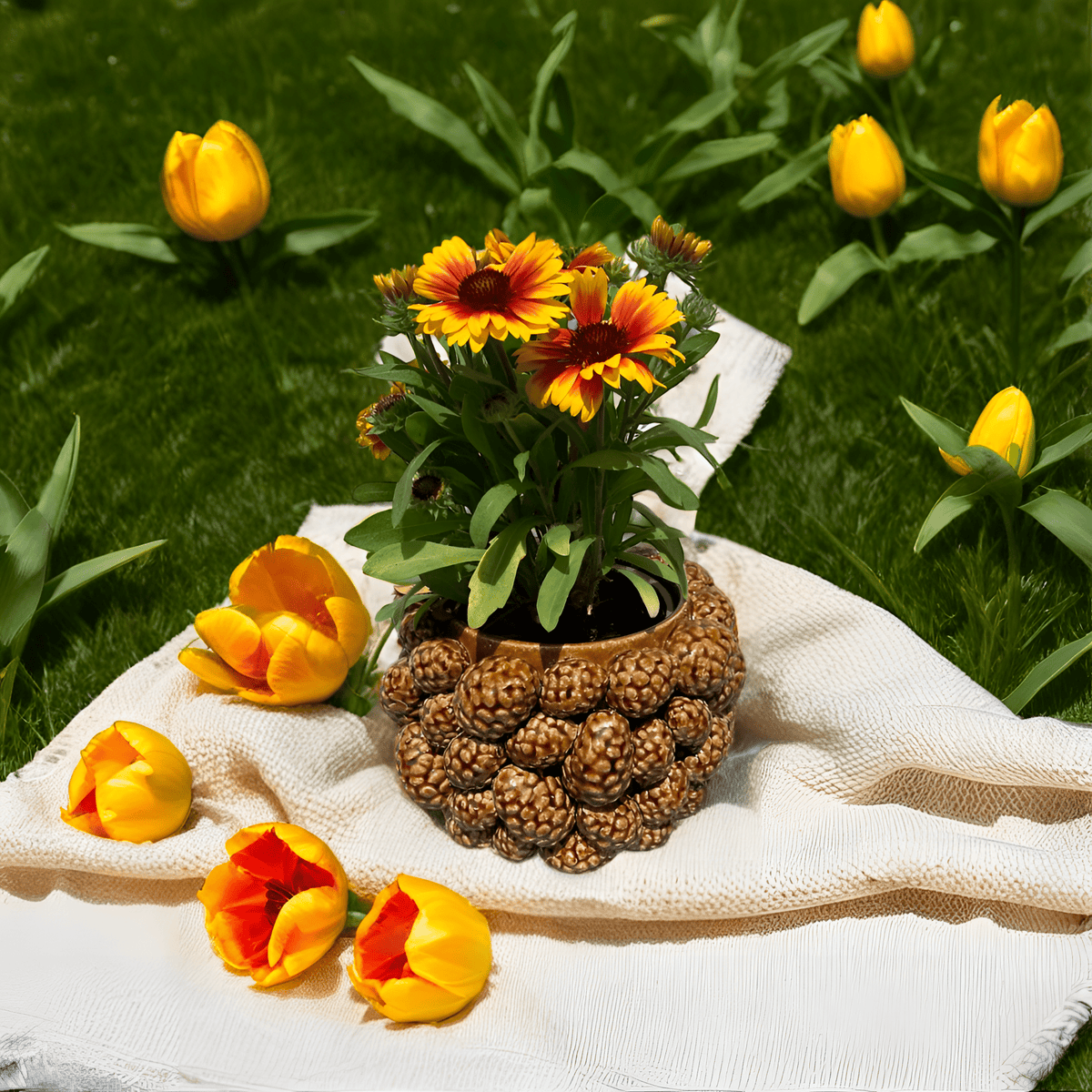 Italiving Keramikvase Designervase mit Pinienzapfen - glasierte Keramik Höhe 15 cm Ø 22 cm