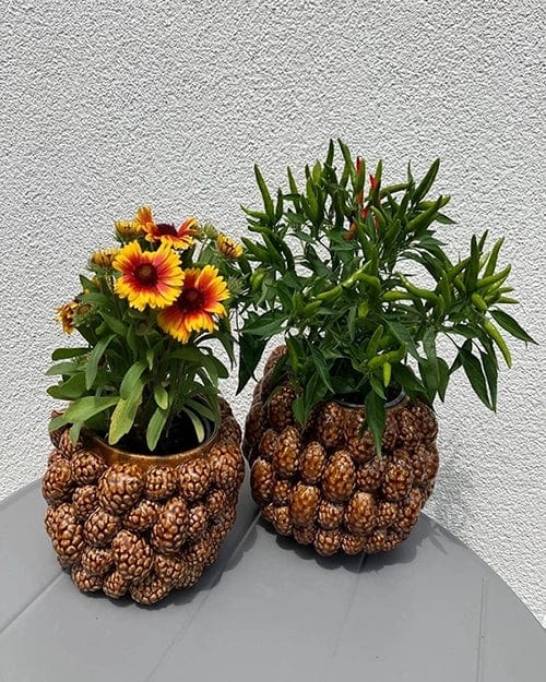 Italiving Keramikvase Designervase mit Pinienzapfen - glasierte Keramik Höhe 18 cm Ø 24 cm