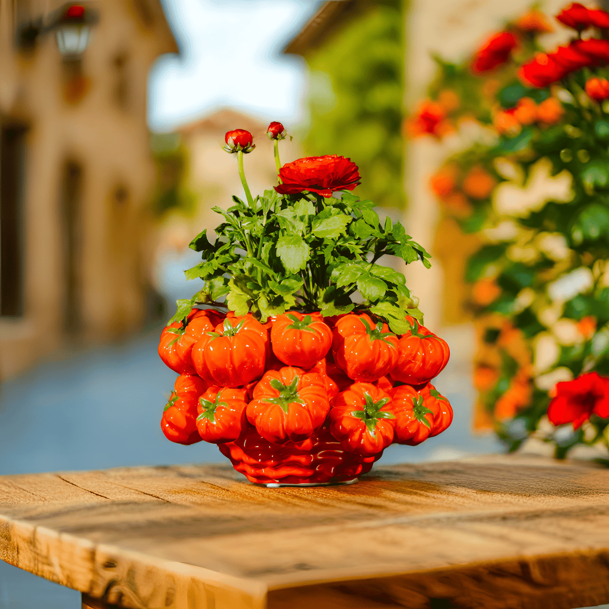 Italiving Keramikvase Designervase neu aus Italien mit roten Tomaten besetzt H 15 cm Ø 26 cm