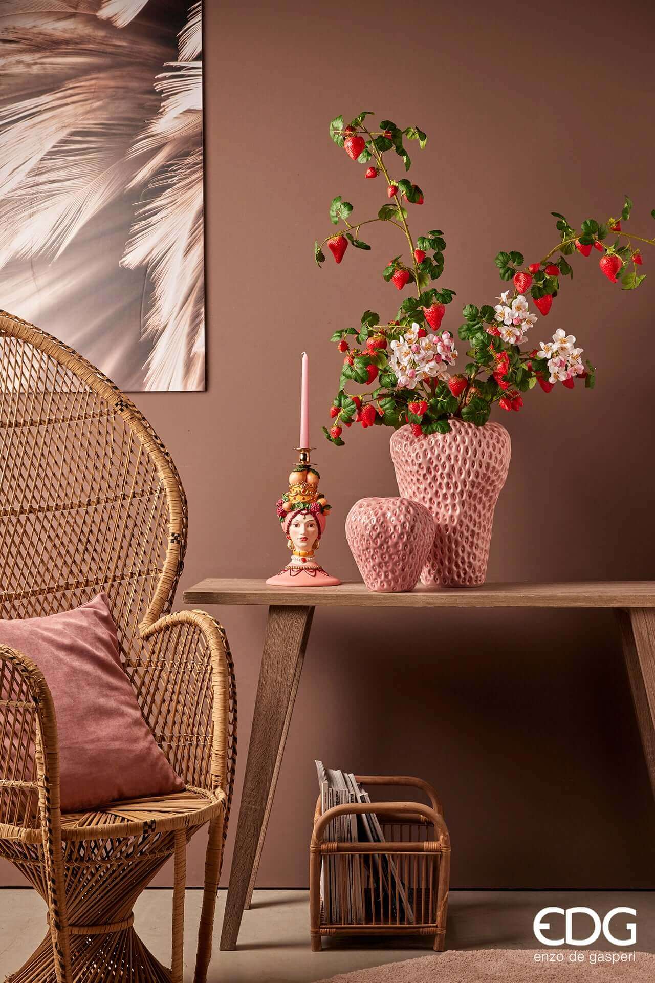 Italiving Keramikvase Erdbeervase Höhe 21 cm Ø 20 cm - Dekovase Keramik rosa
