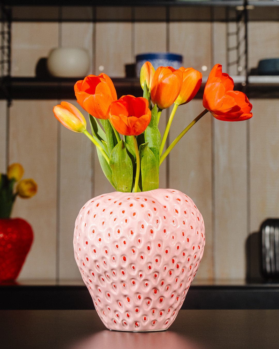 Italiving Keramikvase Erdbeervase Höhe 21 cm Ø 20 cm - Dekovase Keramik rosa