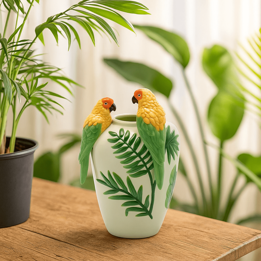 Italiving Keramikvase Keramikvase hellgrün mit 2 Ara und Zweigen–  H 31 cm Ø 20 cm