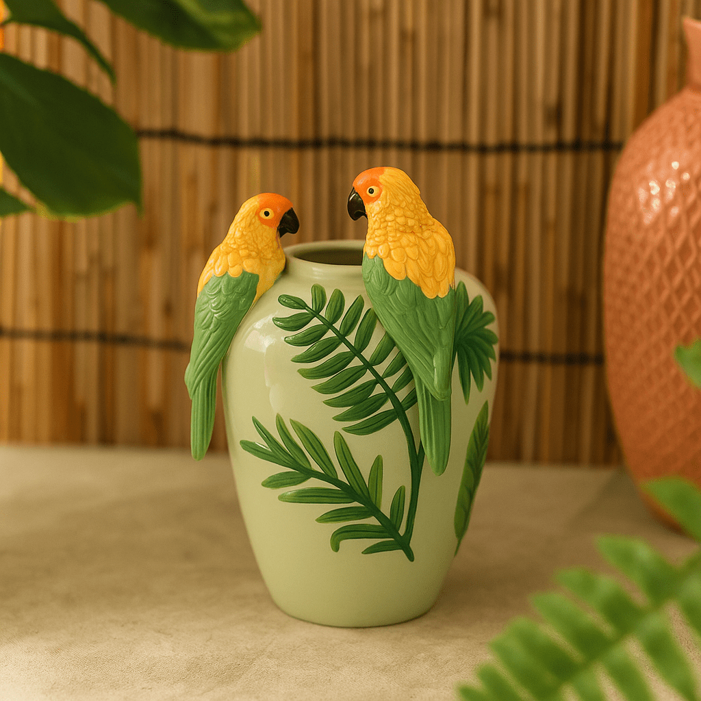 Italiving Keramikvase Keramikvase hellgrün mit 2 Ara und Zweigen–  H 31 cm Ø 20 cm