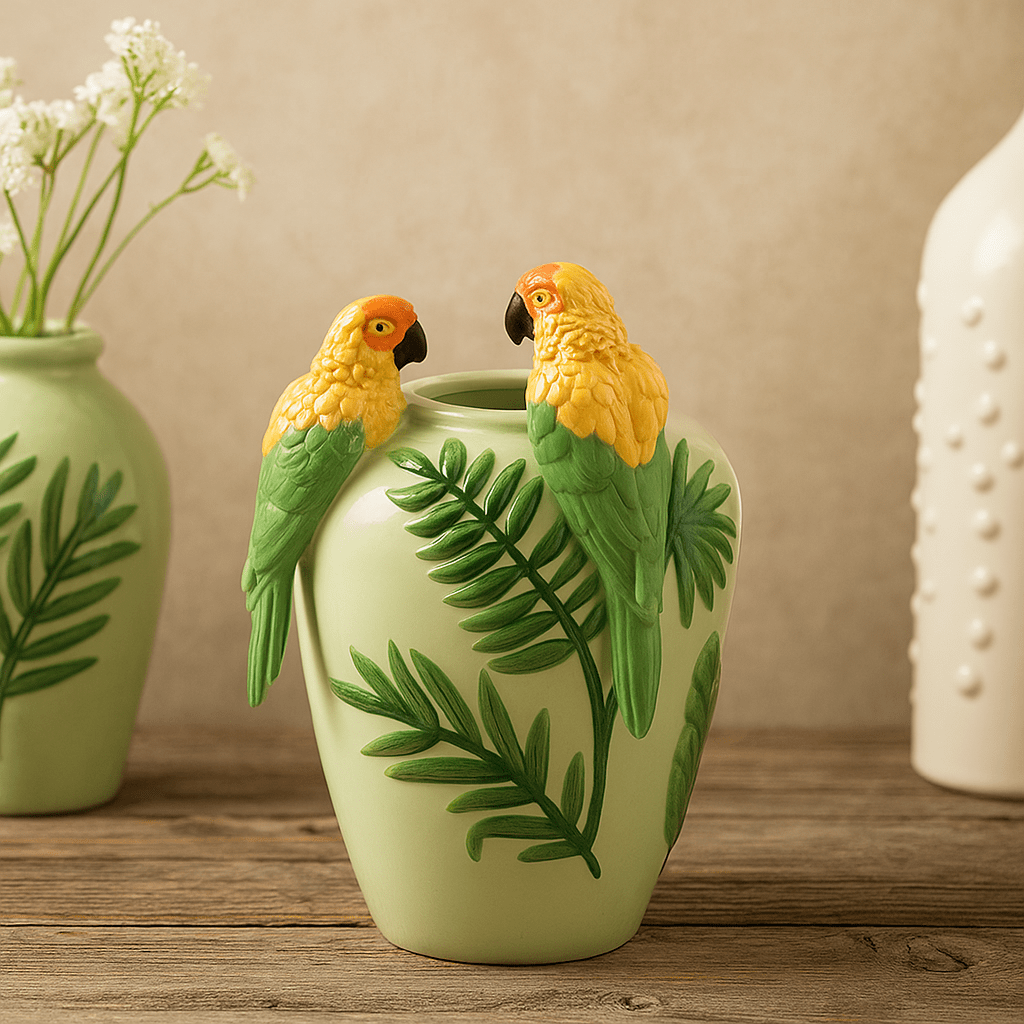 Italiving Keramikvase Keramikvase hellgrün mit 2 Ara und Zweigen–  H 31 cm Ø 20 cm