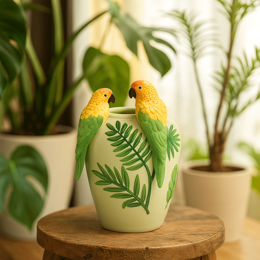 Italiving Keramikvase Keramikvase hellgrün mit 2 Ara und Zweigen–  H 31 cm Ø 20 cm