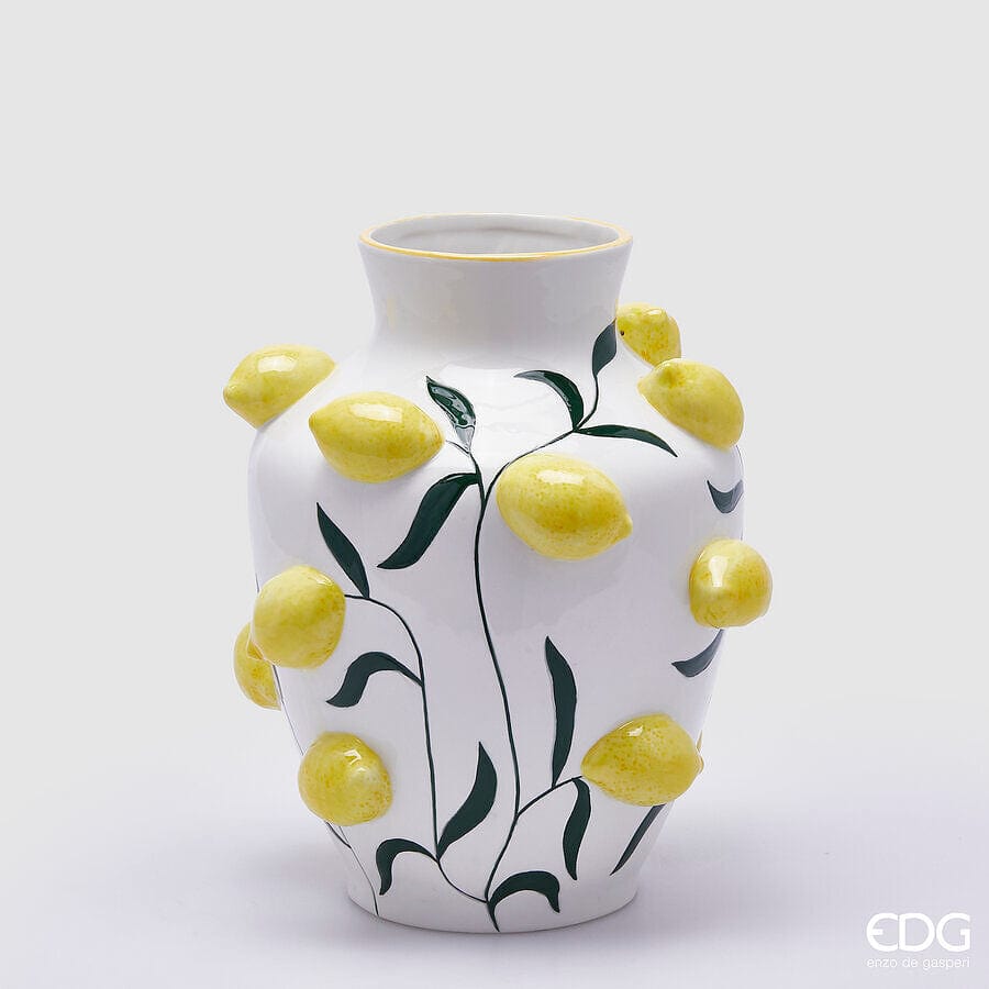 Italiving Keramikvase Keramikvase weiß mit Zitronen verziert –  H 31 cm Ø 26 cm - Handarbeit