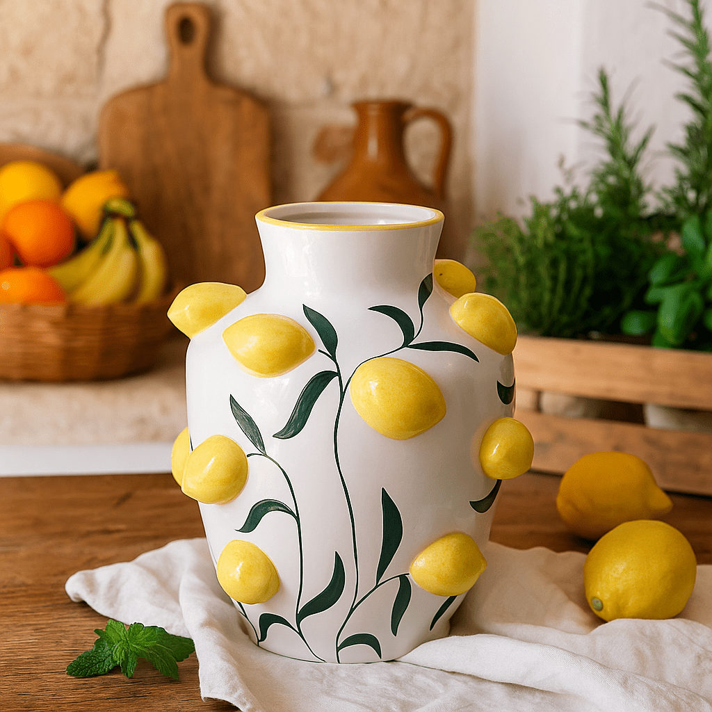 Italiving Keramikvase Keramikvase weiß mit Zitronen verziert –  H 31 cm Ø 26 cm - Handarbeit