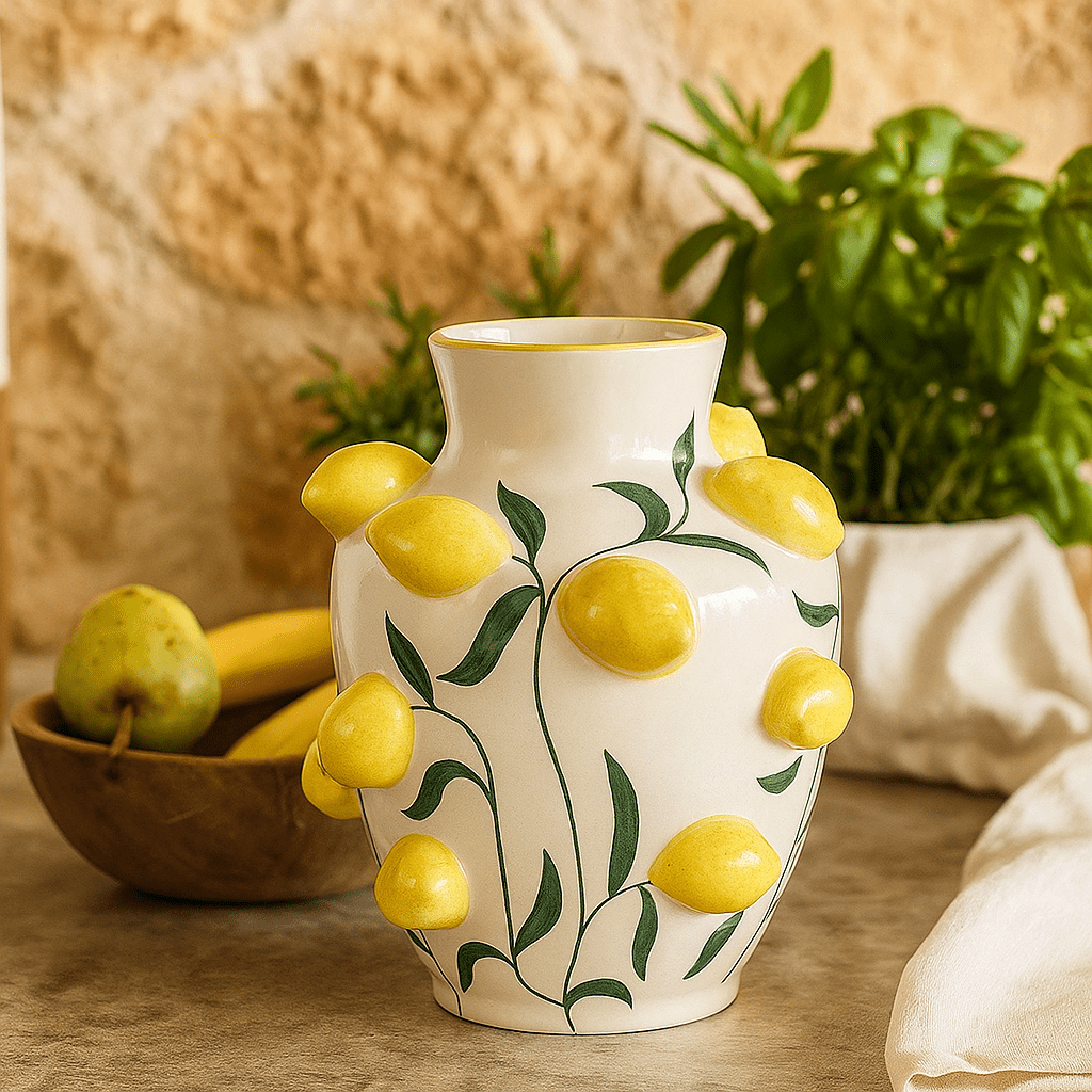 Italiving Keramikvase Keramikvase weiß mit Zitronen verziert –  H 31 cm Ø 26 cm - Handarbeit