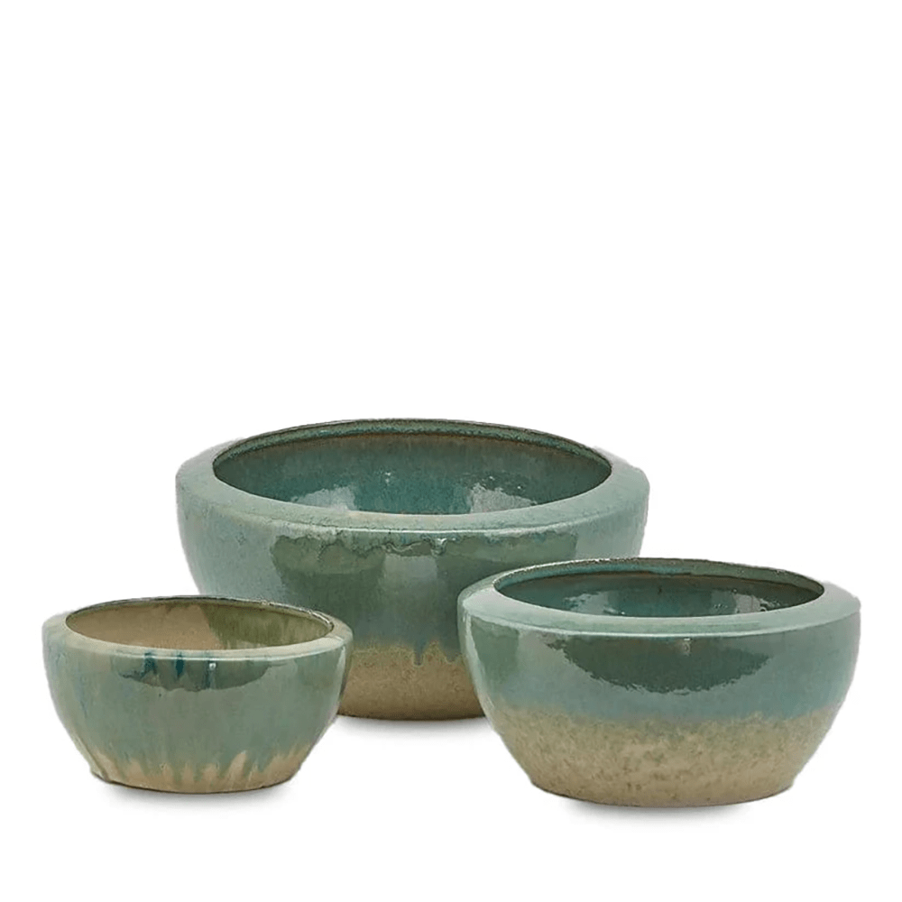 Bodenvase flach Höhe 20 cm Ø 42 cm - glasierte Keramik Petrol und Sand