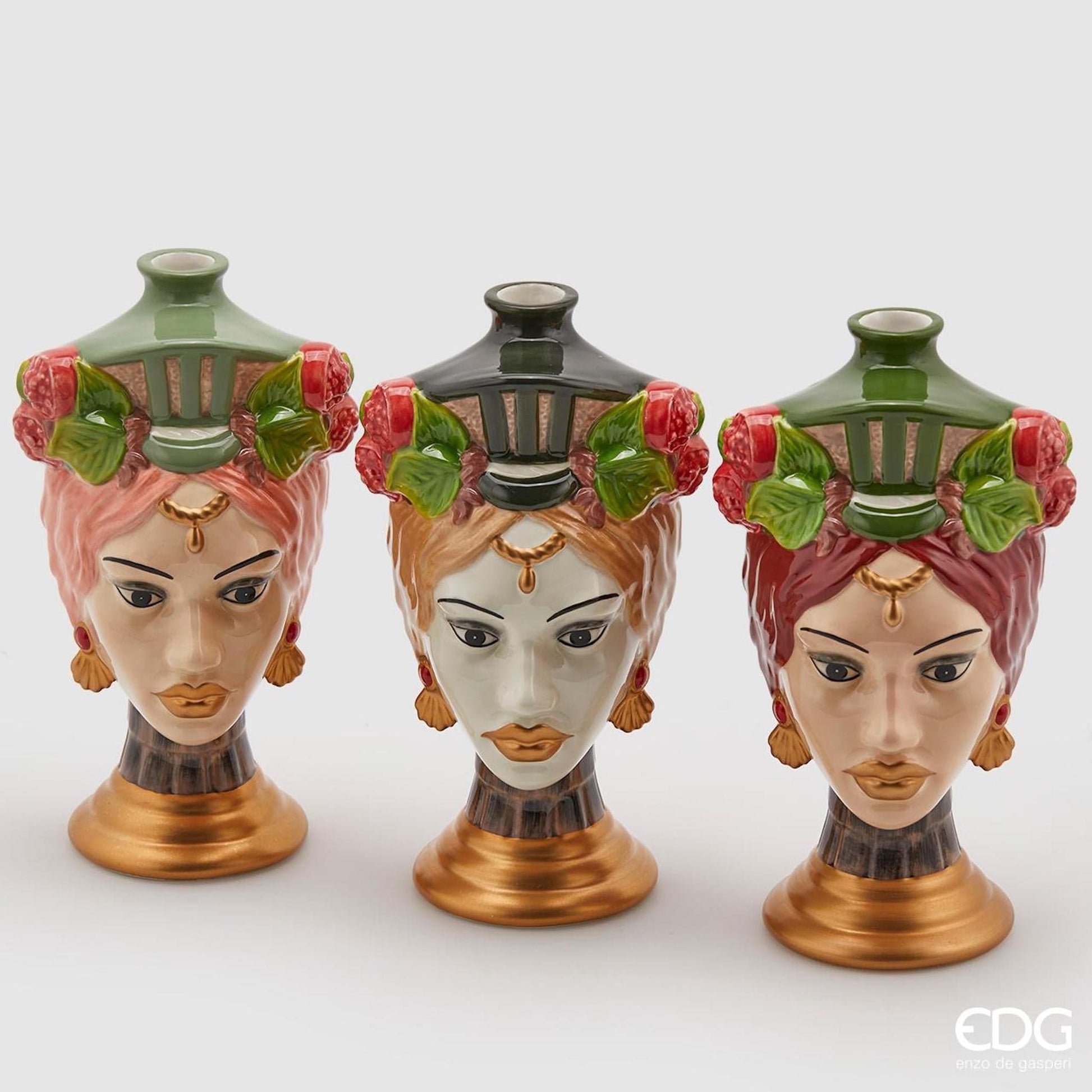 Italiving Keramikvase Vase, Kerzenhalter, Raumduftgefäß - sizilianischer Frauenkopf lobsterrot - H 26 cm Ø 14 cm