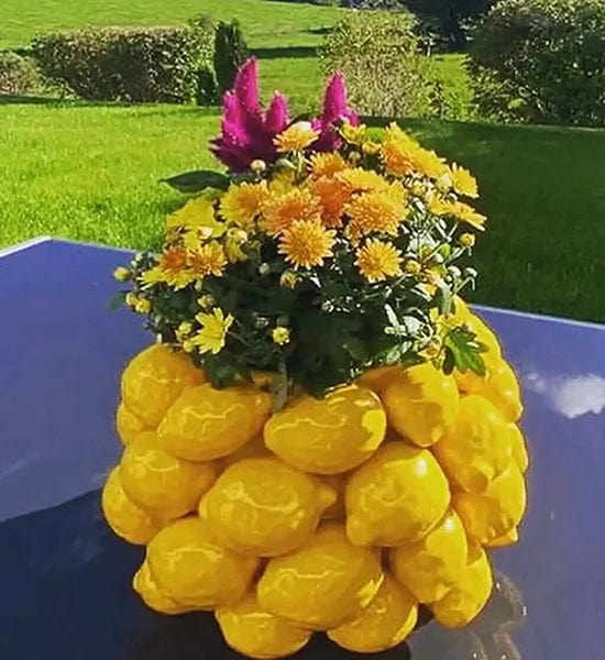 Italiving Keramikvase Zitronenvase mit gelben Zitronen - glasierte Keramik Höhe 22 cm Ø 31 cm