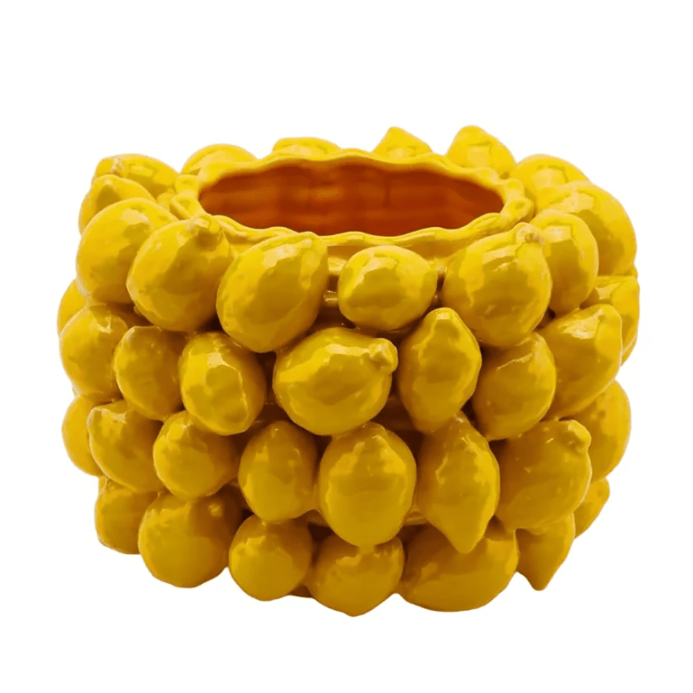 Italiving Keramikvase Zitronenvase mit gelben Zitronen - glasierte Keramik Höhe 22 cm Ø 31 cm