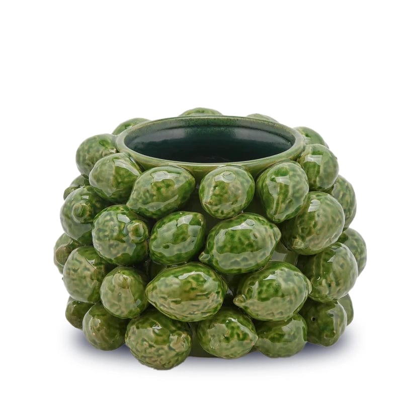 Italiving Keramikvase Zitronenvase mit grünen Zitronen besetzt- Keramik H 19 cm Ø 28 cm