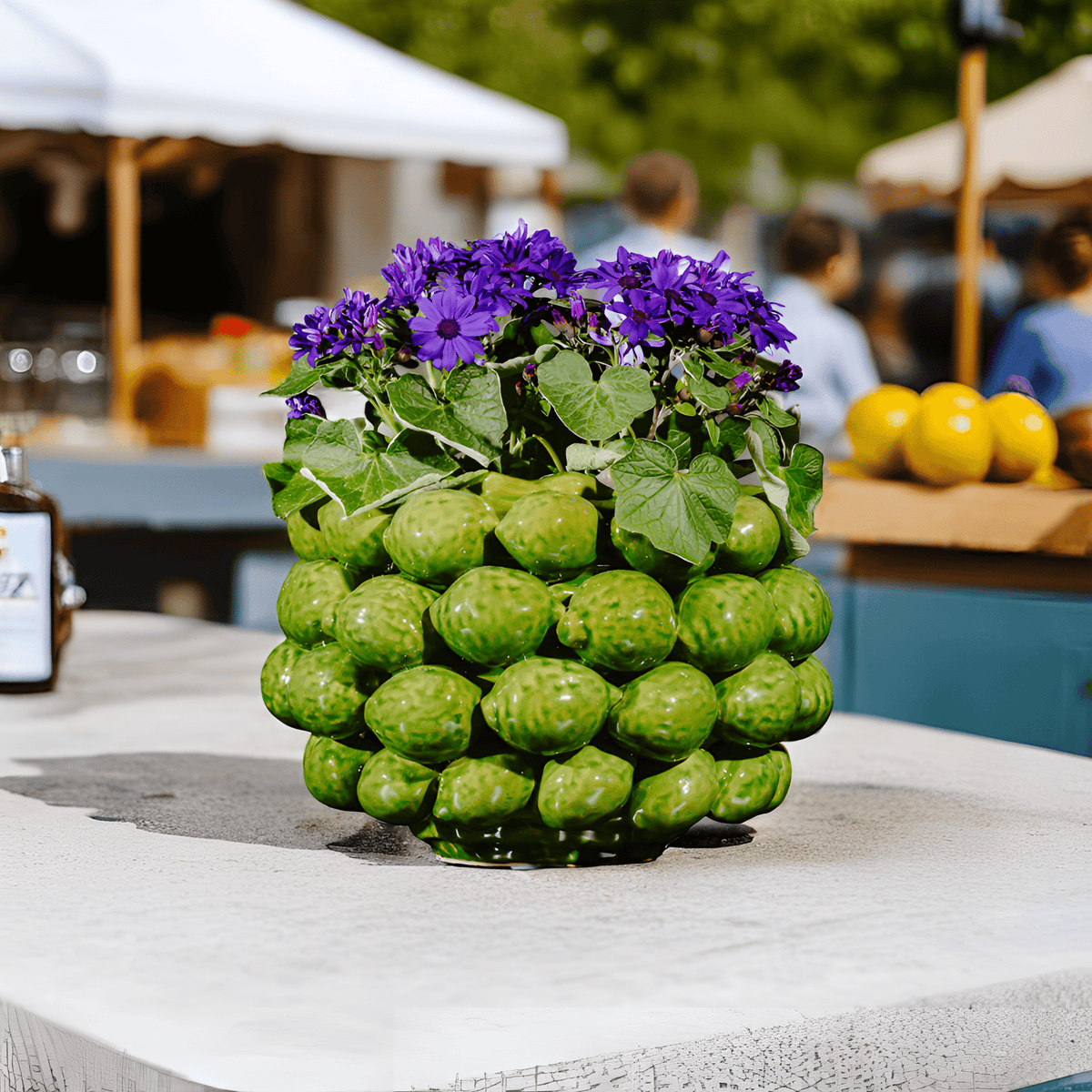 Italiving Keramikvase Zitronenvase mit grünen Zitronen bzw. Limetten besetzt - Keramik H 22 cm Ø 31 cm