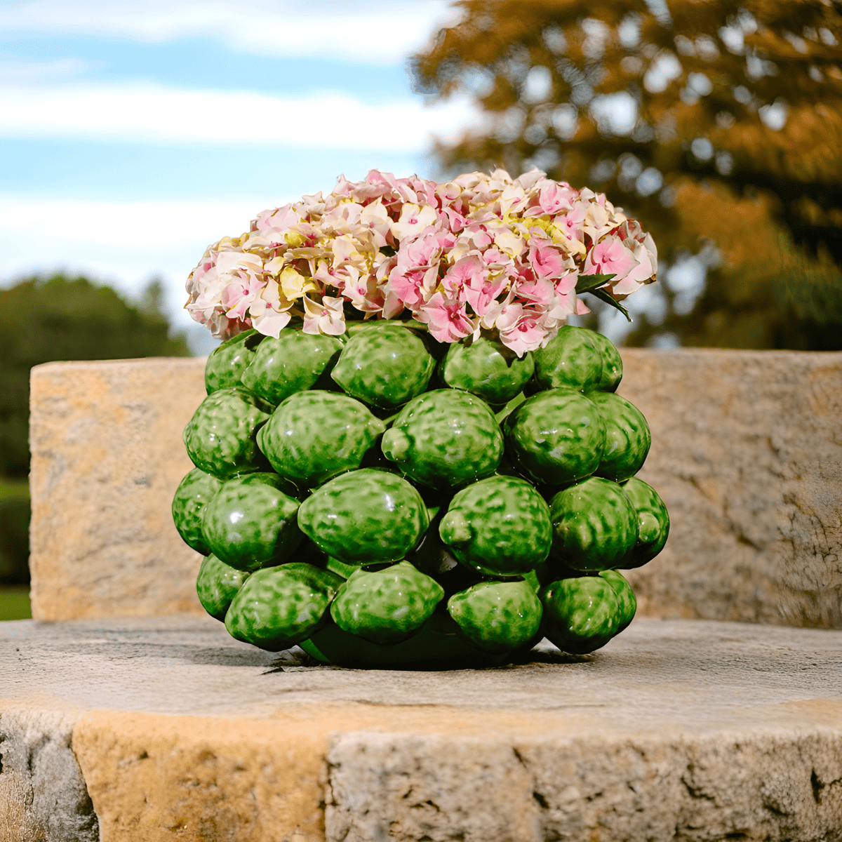 Italiving Keramikvase Zitronenvase mit grünen Zitronen bzw. Limetten besetzt - Keramik H 22 cm Ø 31 cm