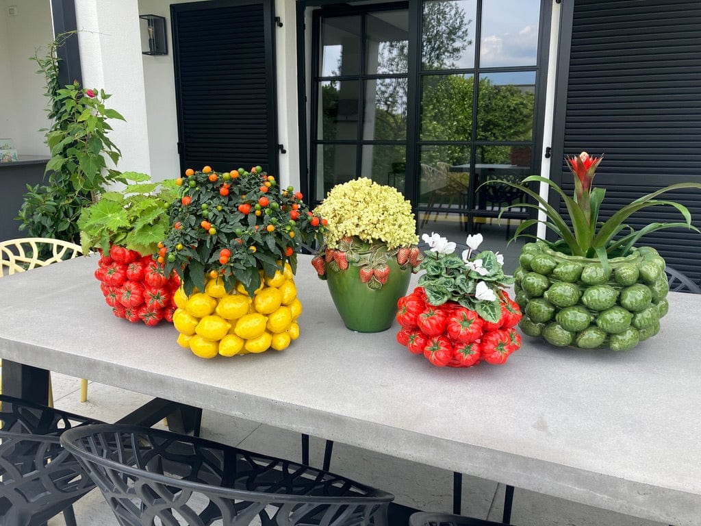 Italiving Keramikvase Zitronenvase mit grünen Zitronen bzw. Limetten besetzt - Keramik H 22 cm Ø 31 cm