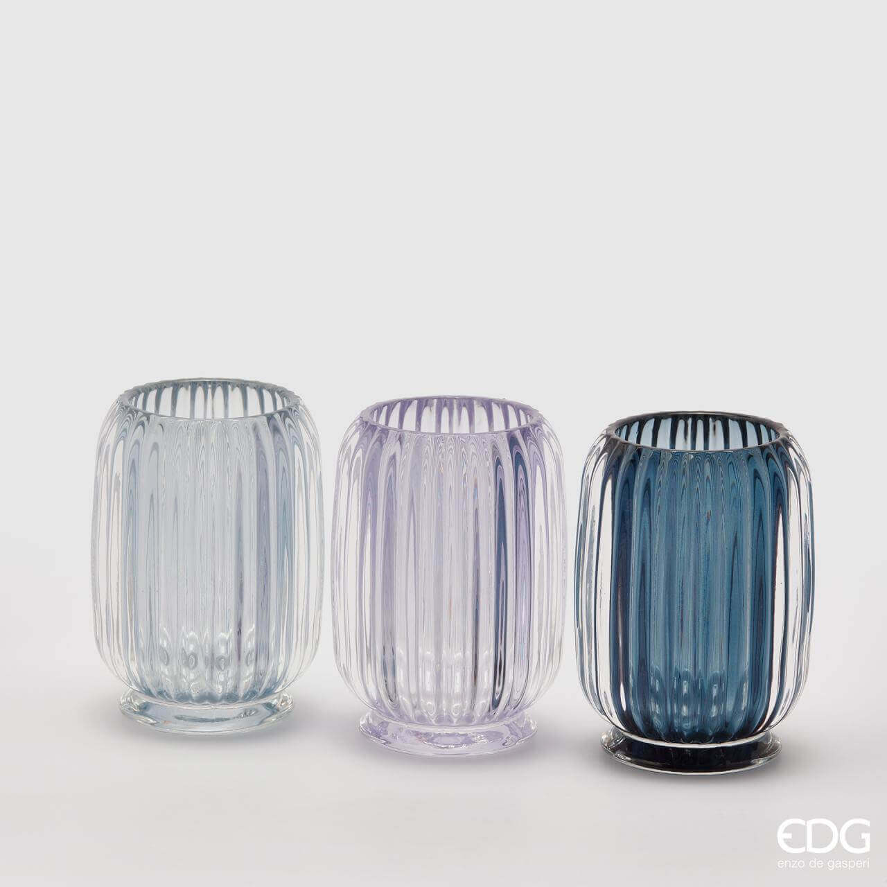 Italiving Kerzenglas Blau Flieder Hellblau 3-er Set Kerzengläser für Teelichter in drei Farbkombis H 12 cm Ø 9 cm