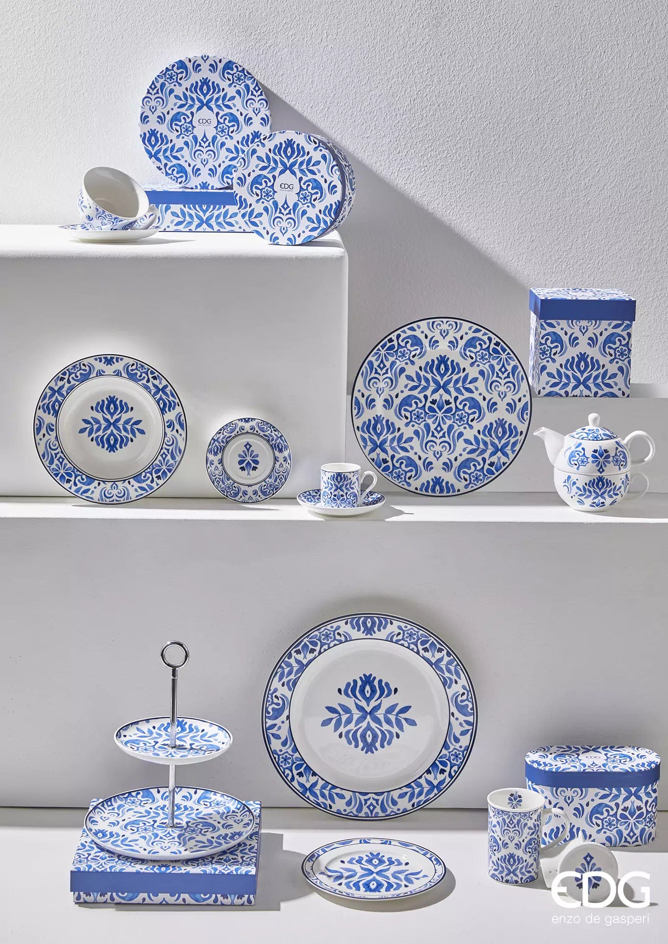 Italiving Teller Suppenteller Serie Capri - Porzellan weiß, blau bemalt T 3,5 Ø 22 cm