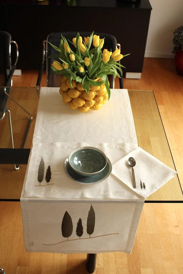 Italiving Tischläufer Tischläufer weiß mit Zypressen bestickt - 50% BW / 50% Leinen