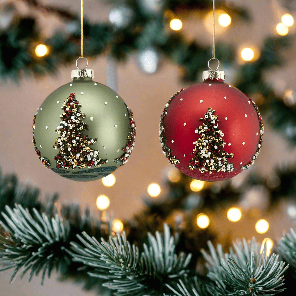 Italiving Weihnachtskugeln 2er-Set dekorative, verzierte Weihnachtskugeln Rot und Grün Ø 8 cm