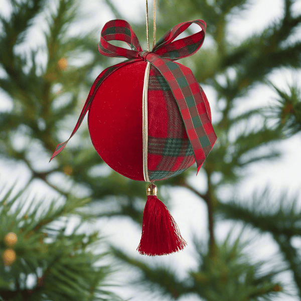 Weihnachtskugel mit Samt, Schottenkaro, Schleife und Quaste