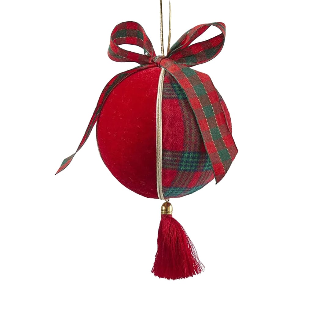 Rote Weihnachtskugel mit Samt, Schottenkaro, Schleife, Quaste Ø 10 cm