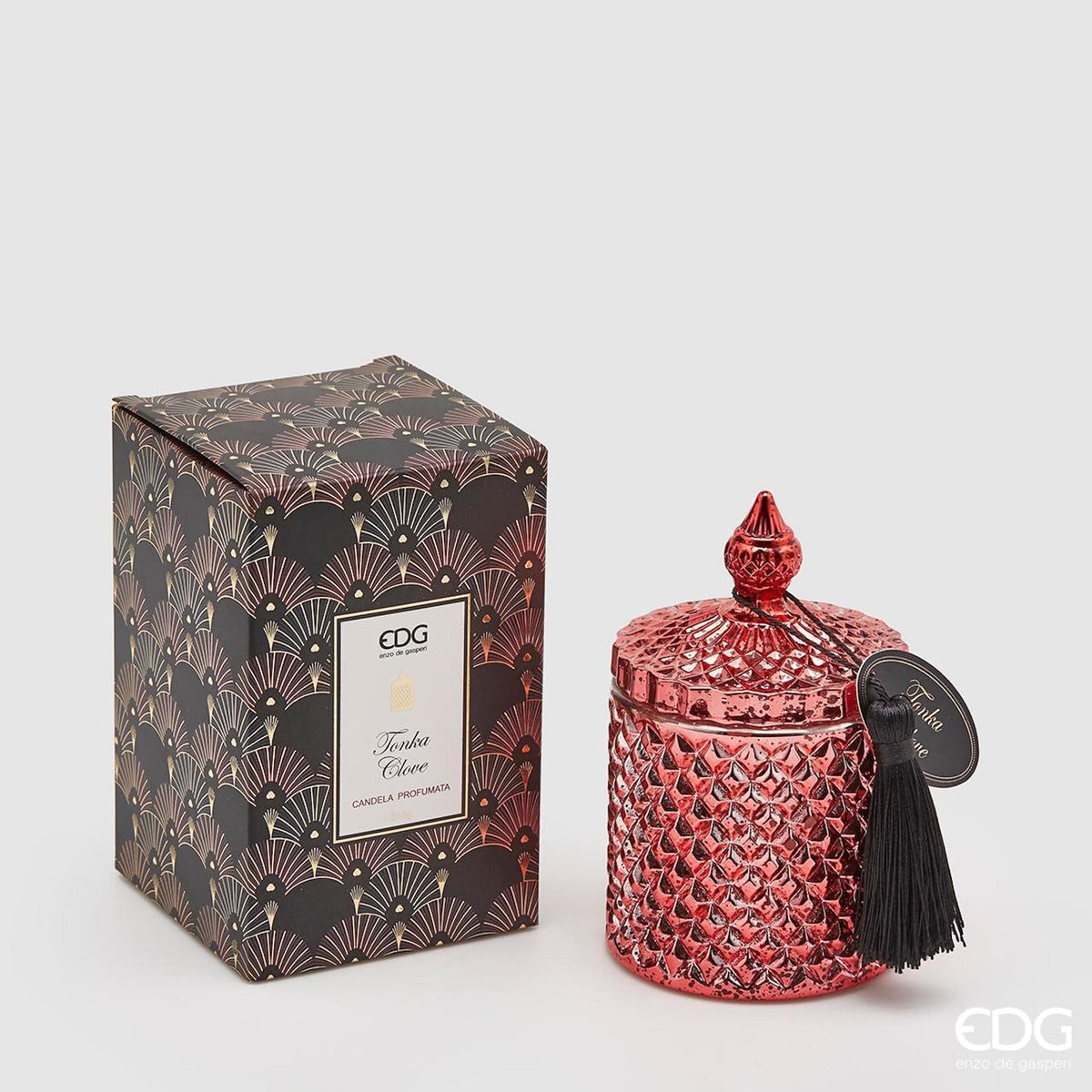 Italiving Duftkerze Rot - Tonkabohne Duftkerze als Dekoelement - Zierglas mit Deckel H 14 cm Ø 8cm 4 Duftnoten