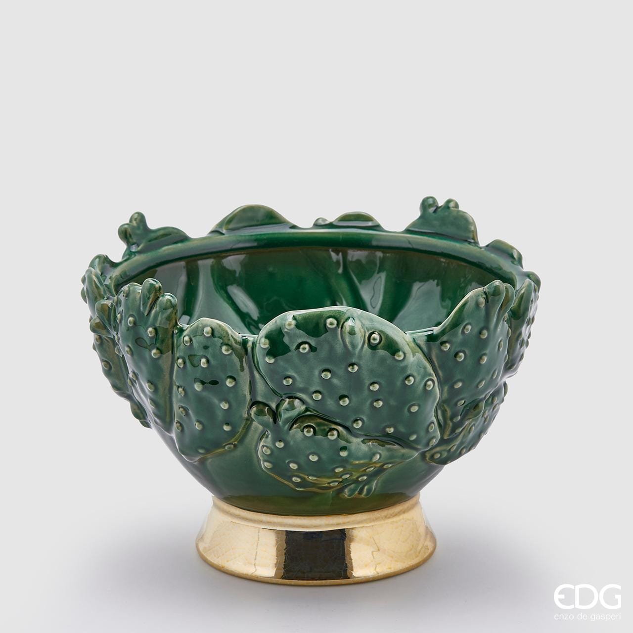 Italiving Keramikschale Schale geformt aus Kaktusblättern mit Goldrand - Keramik H 19 cm Ø 29 cm
