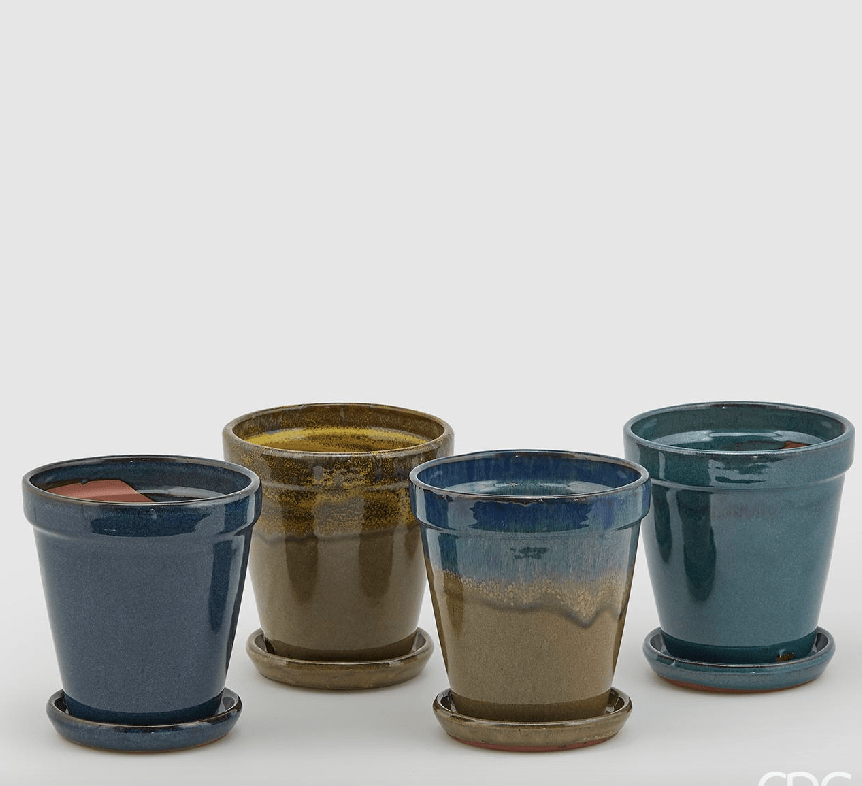 Italiving Keramikübertöpfe Blau Mediterraner Blumentopf mit Untersetzer - 4 Farben H 25 cm Ø 22 cm
