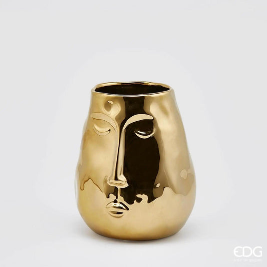Italiving Keramikvase Dekovase Hochglanz Gold mit Gesicht aus Keramik H 19 cm Ø 17 cm