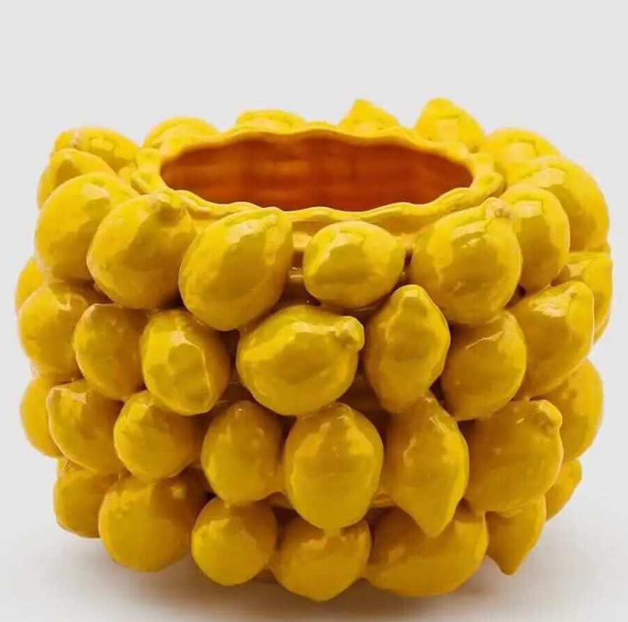 Italiving Keramikvase Zitronenvase mit gelben Zitronen - glasierte Keramik Höhe 22 cm Ø 31 cm