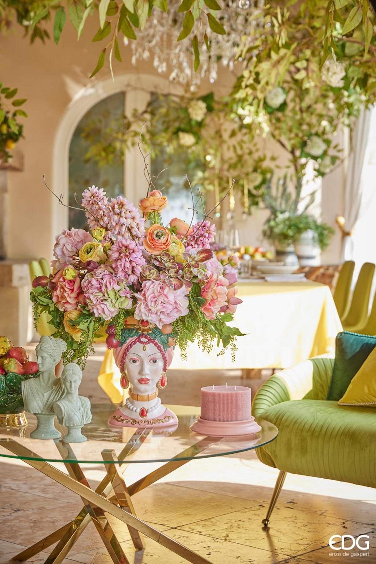 Italiving Kerze Grün antike Säule mit Keramiksockel Höhe 10 cm Ø 15 cm in 3 Farben