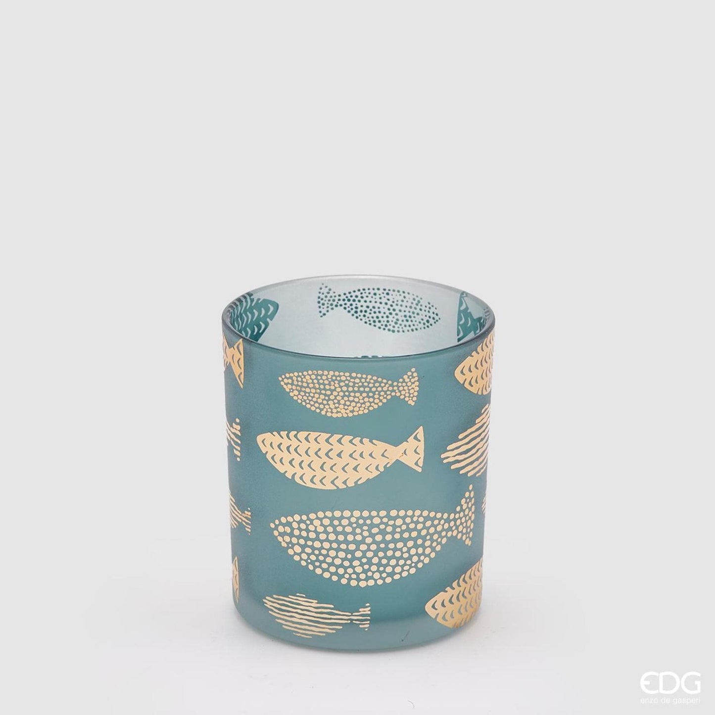 Italiving Kerzenglas Kerzenglas für Teelichter mit Fischen - blau und gold H 10 cm Ø 9 cm
