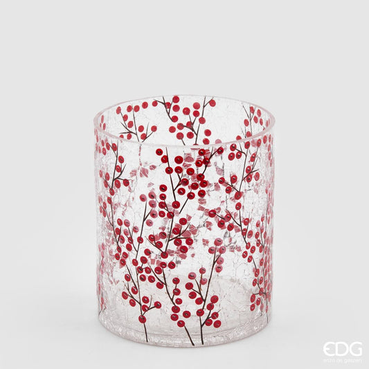 Italiving Kerzenglas Kerzenglas für Teelichter mit roten Beeren und Ästen H 13 cm Ø 12 cm