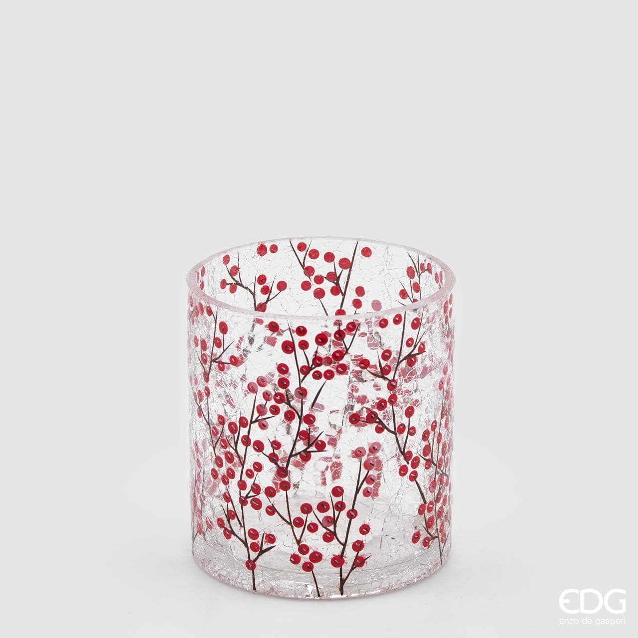 Italiving Kerzenglas Kerzenglas für Teelichter mit roten Beeren und Ästen Höhe 10 cm Ø 9 cm