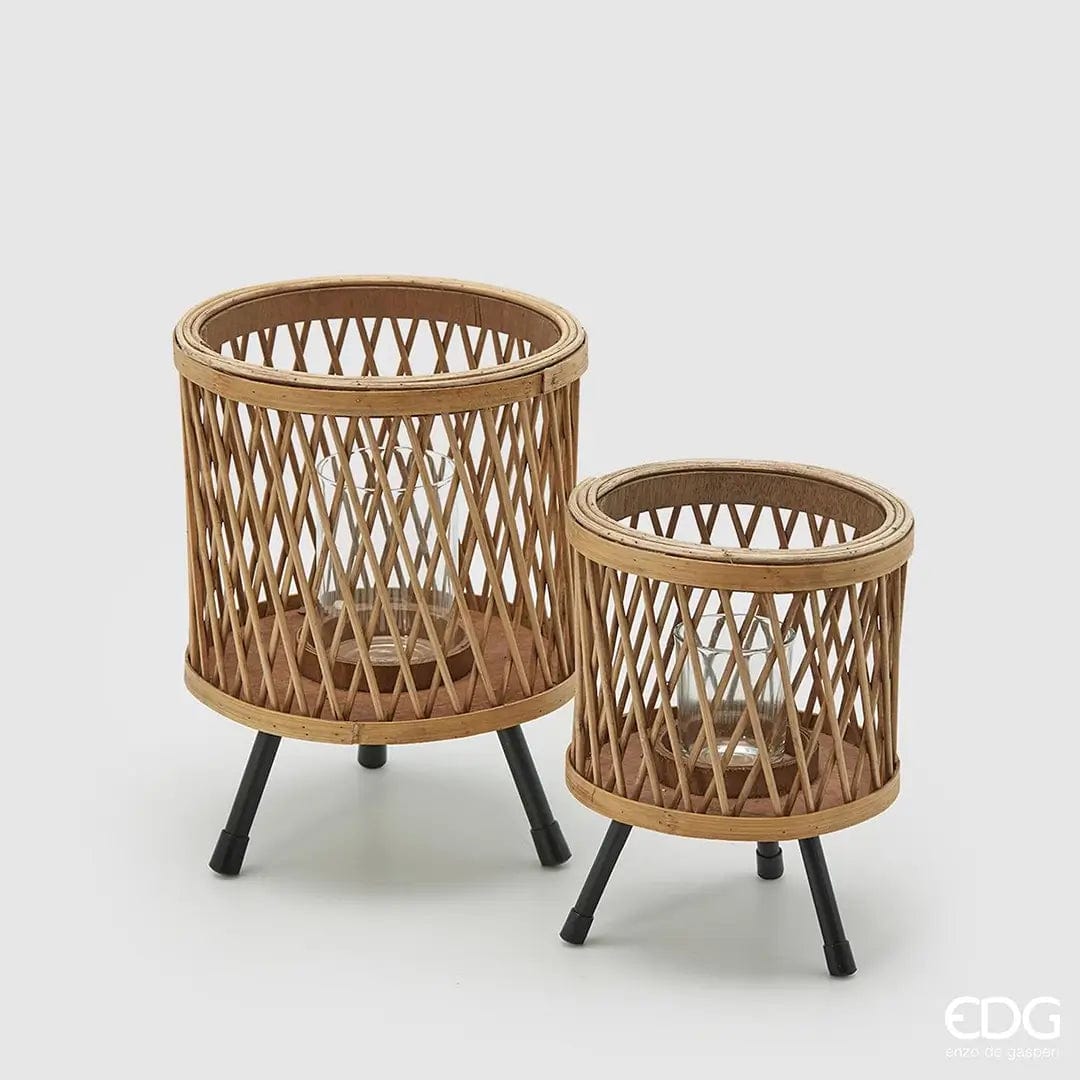 Italiving Kerzenleuchter 2-er Set Bambus Laternen natur auf kurzen Beinen Höhe 28,5 + 22,5 cm