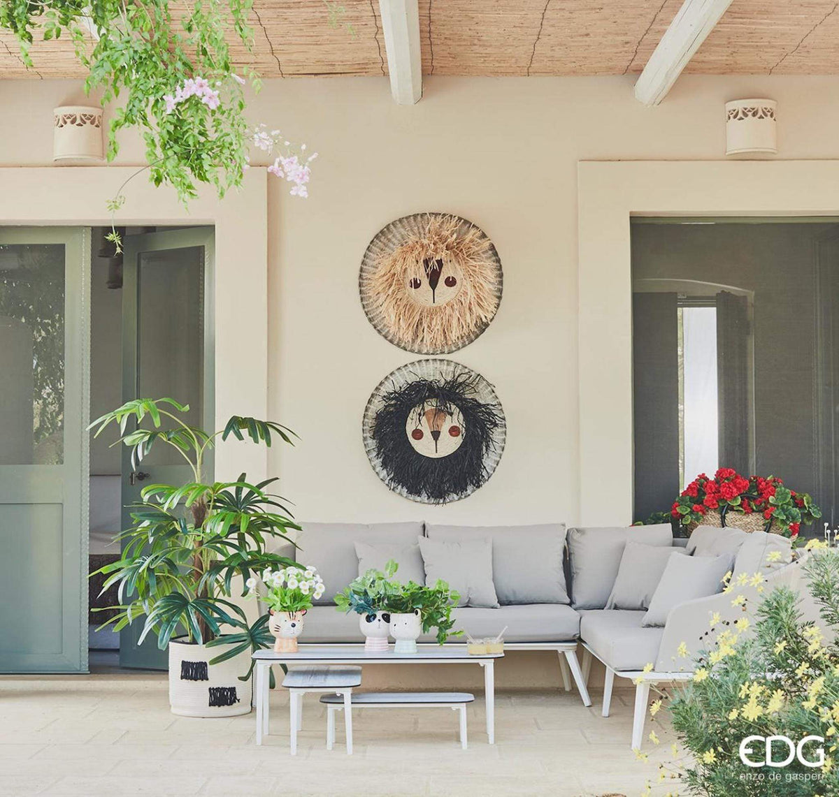 Italiving Wandschmuck Wanddeko Löwengesicht - Bast mit Lederapplikationen in 2 Farben Ø 70 cm